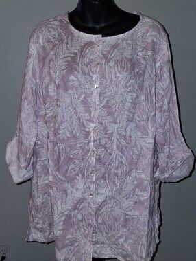 Tahari 100% Linen Botanical Floral Tunic Blouse Shirt Roll Tab 1X Please review
